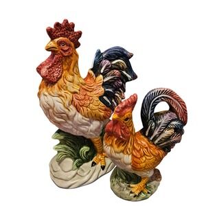 Vintage Ceramic Rooster Figurines Pair‎ Farmhouse Decor Colorful Chicken